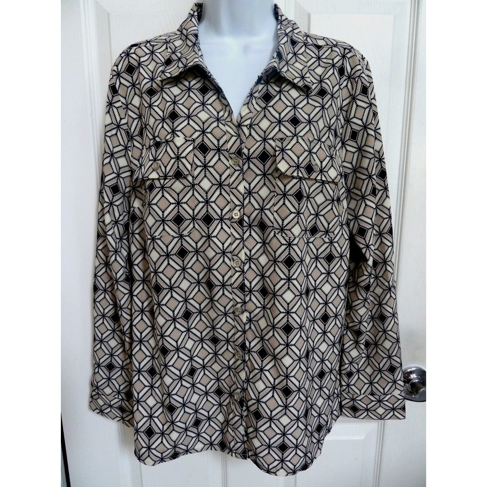 Notations Womens L Blouse Geometric Roll Tab Sleeve Button Up Pockets STB1426